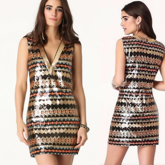 Bebe Multicolor Plunge Neck Sequin Dress - Picture 1 of 4